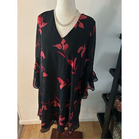 Calvin Klein flower dress black and red with ruffle around sleeves size 8 - Picture 1 of 4